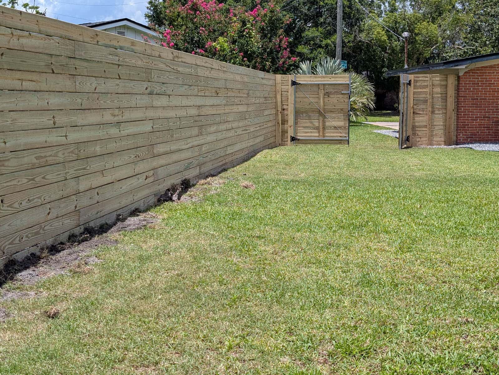 Florida Horizontal Wood Cedar Privacy Fence Six Foot With Double Steel Framed Gate Backyard